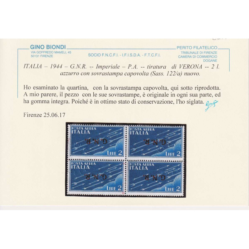 R.S.I 1944 P/A QUARTINA 2 LIRE SOPRASTAMPA CAPOVOLTA N.122a G.I MNH...