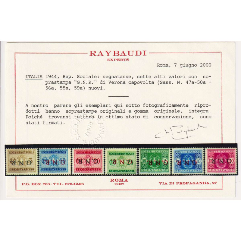 R.S.I 1944 SEGNATASSE SOPR. CAPOVOLTA VERONA 7 V. G.I MNH** CERT.  ...
