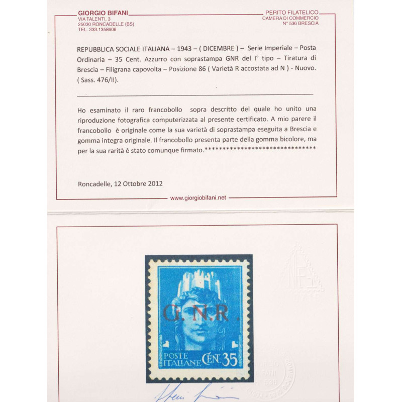 R.S.I 1944 G.N.R BRESCIA 35 C. CON VARIETA' N.476/II G.I MNH** CERT...