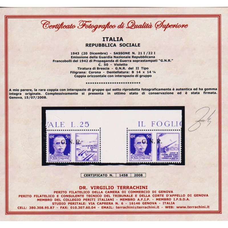 R.S.I. 1944 PROPAGANDA 50 C. BRESCIA II TIPO INTERSPAZIO 2 V. G.I M...