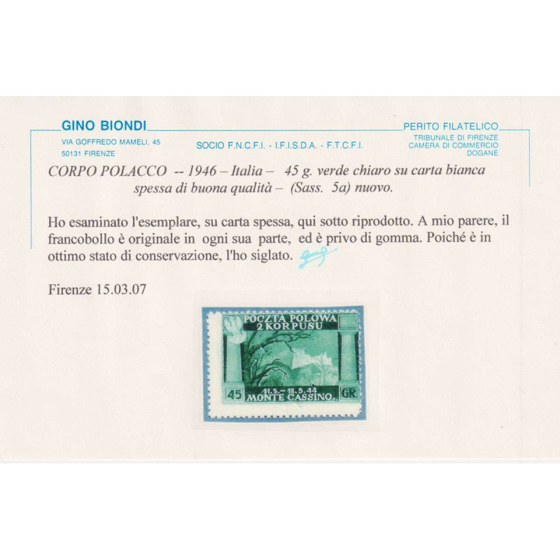 CORPO POLACCO 1946 VITTORIE POLACCHE 45 g. VERDE CHIARO N.5a S.G CE...