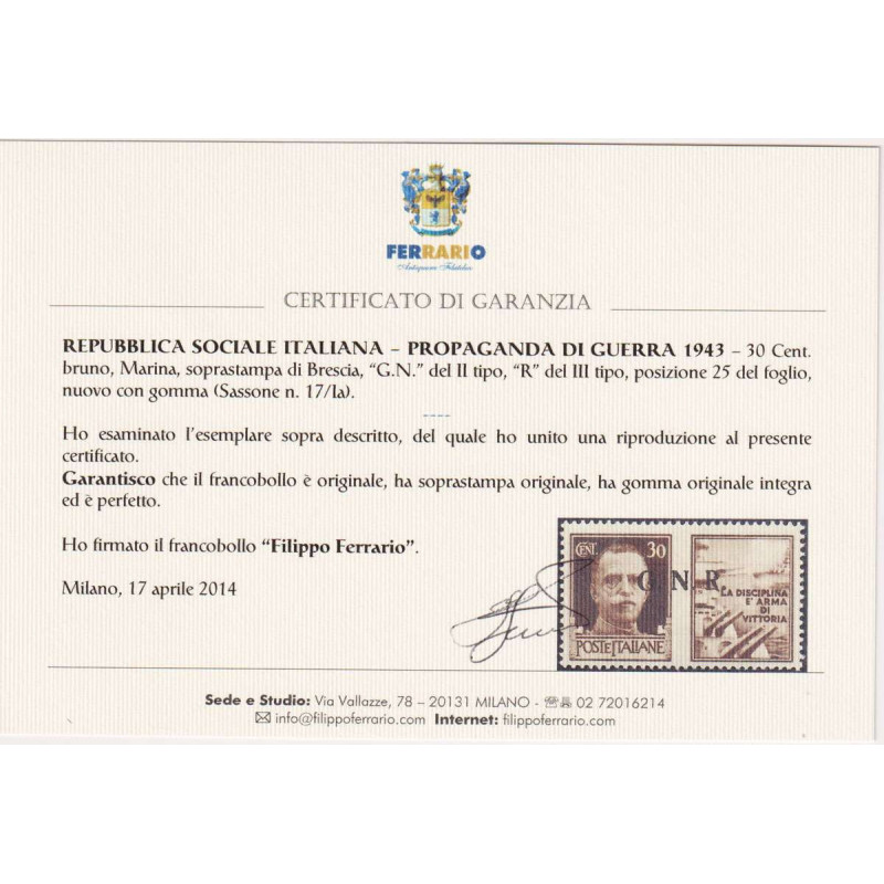 R.S.I. 1944 PROPAGANDA DI GUERRA BRESCIA 30 C. VARIETA' N.17/IIa G....