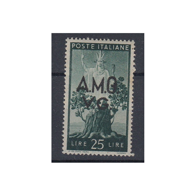 VENEZIA GIULIA 1945-47 25 LIRE "G" CHIUSA G.O. MH* LIEVI INGIALLIME...