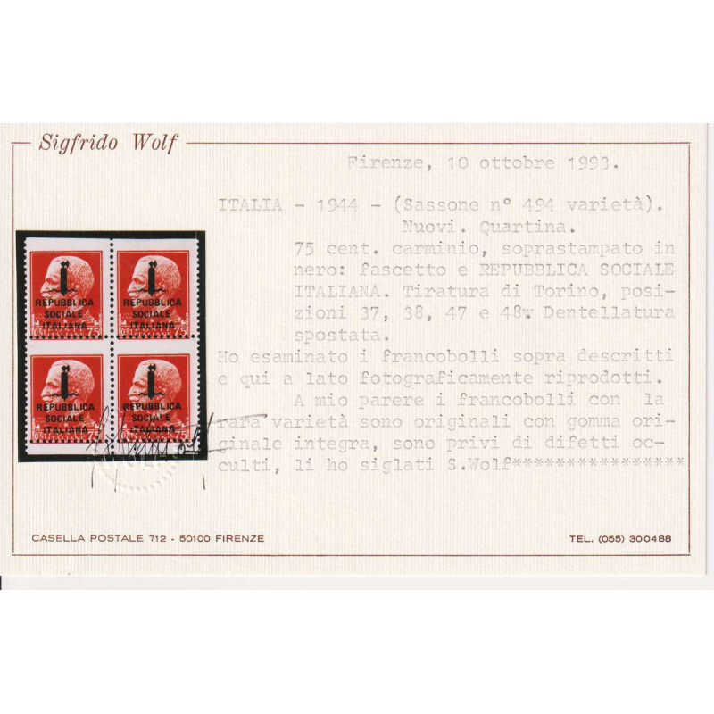R.S.I. 1944 IMPERIALE QUARTINA 75 C. TIR. TORINO CON VARIETA' G.I M...