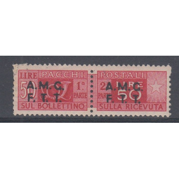 TRIESTE ZONA "A" PACCHI POSTALI 1947-48 50 L DECALCO SOPR. SPOSTATA...