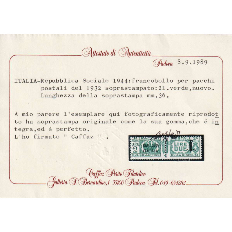 R.S.I. 1944 PACCHI POSTALI 2 LIRE CON VARIETA' N.43a G.I MNH** CERT...