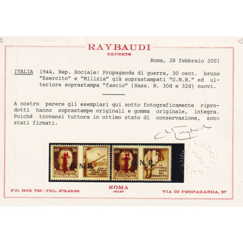 R.S.I. 1944 PROPAGANDA DI GUERRA 30 C. 2 V. VARIETA' N.30d-32d G.I ...
