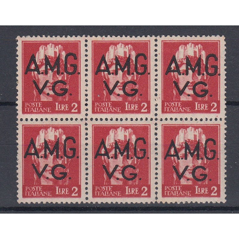 VENEZIA GIULIA 1945-47 2 L DECALCO SOPR. BLOCCO DA 6 9p G.I. MNH** ...