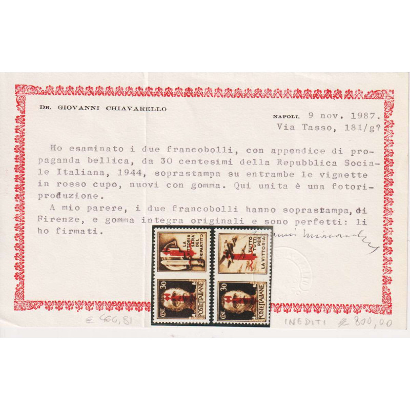 R.S.I. 1944 PROPAGANDA 30 C. FIRENZE ROSSO CUPO 2 VALORI G.I MNH** ...