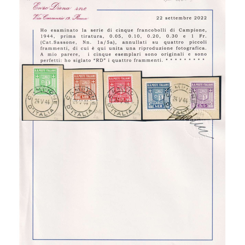 EMISSIONI AUTONOME 1944 CAMPIONE STEMMA 4 V. I TIR. N.1a-5a USATI C...