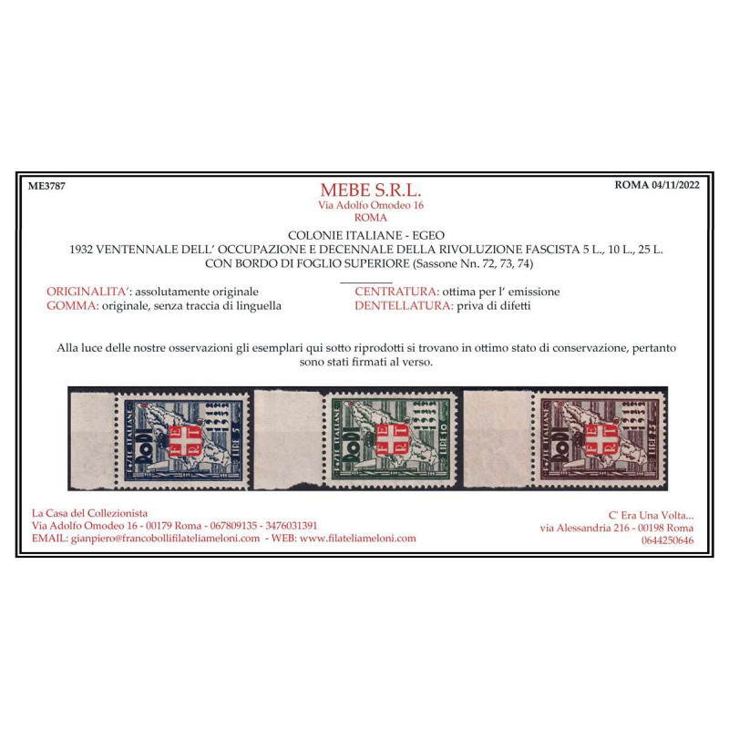 COLONIE EGEO 1932 POSTA AEREA VENTENNALE DEI FASCI 10 V. G.I MNH** ...