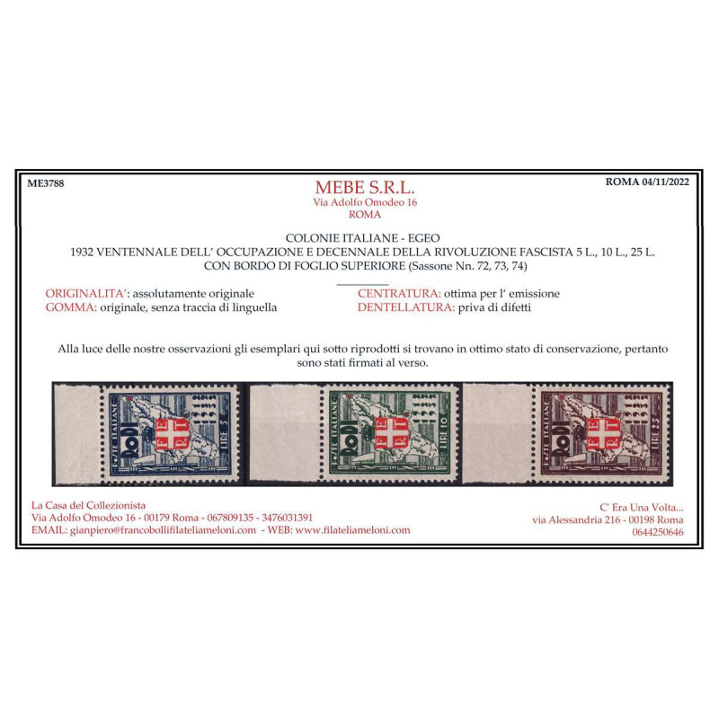 COLONIE EGEO 1932 POSTA AEREA VENTENNALE DEI FASCI 10 V. G.I MNH** ...
