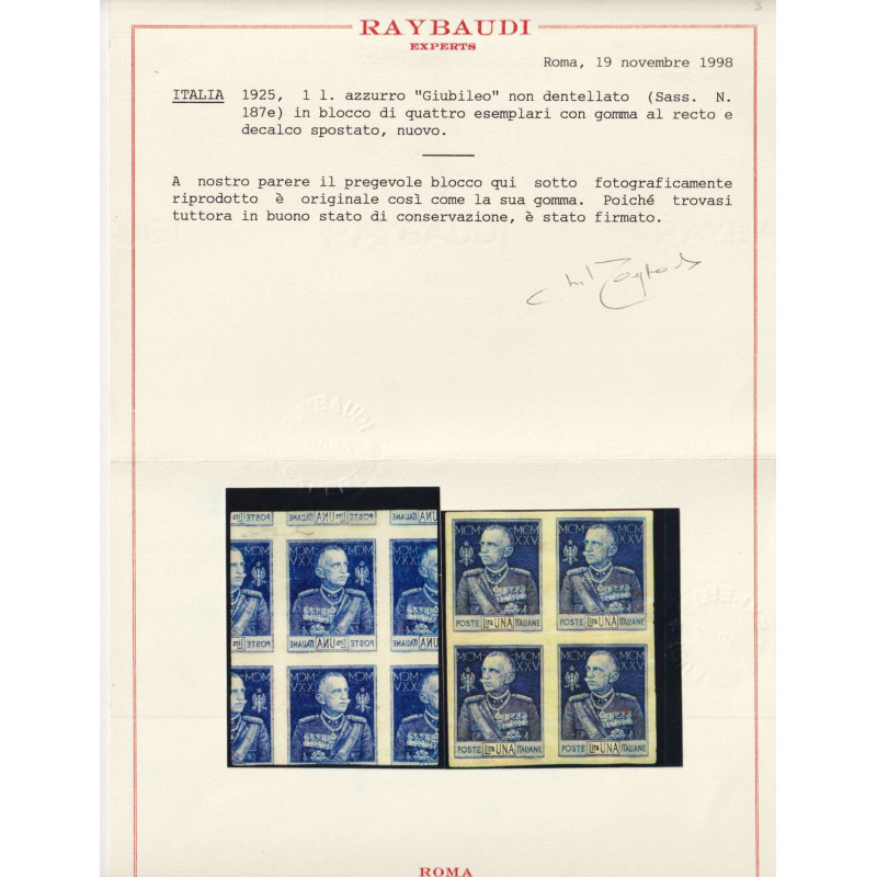 REGNO 1925-26 GIUBILEO DEL RE QUARTINA 1 L. MULTI VARIETA' G.I MNH*...