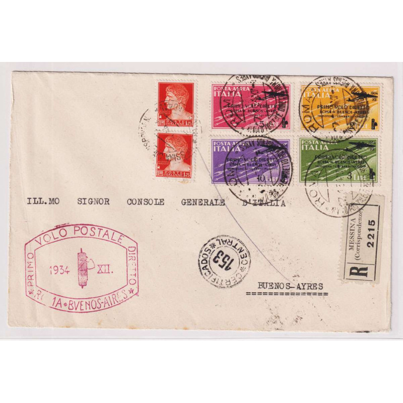REGNO D'ITALIA 1934 P/A VOLO ROMA BUENOS AIRES 4 V. USATI SU BUSTA ...