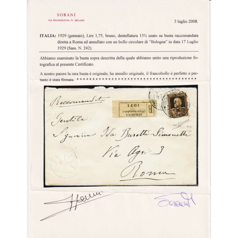 REGNO D'ITALIA 1929 PARMEGGIANI 1,75 LIRE DENT. 13 ¾ N.242 USATO SU...