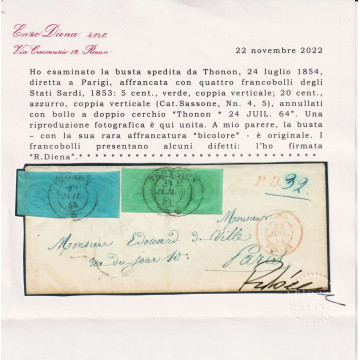SARDEGNA 1853 COPPIE 5 CENT. E 20 CENT. N.4-5 SU BUSTA CERTIFICATA ...