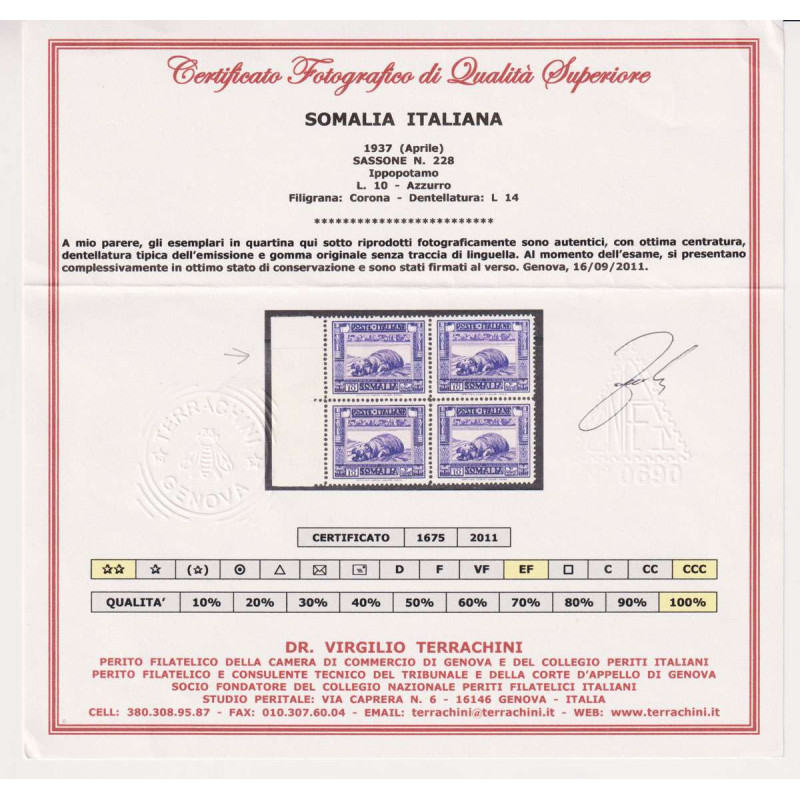 COLONIE SOMALIA 1935-38 PITTORICA 10 LIRE N.228 G.I MNH** CERT.BORD...