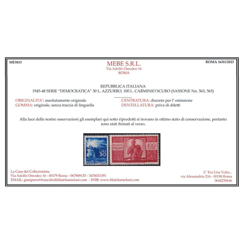 REPUBBLICA 1945-48 DEMOCRATICA 23 VALORI G.I MNH** CERT.  | Filatel...