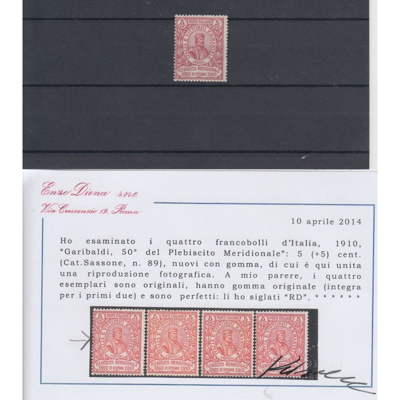 1910 GARIBALDI 5 (+5) CENT. G.I. MNH** FOTOCOPIA CERTIFICATO DIENA ...
