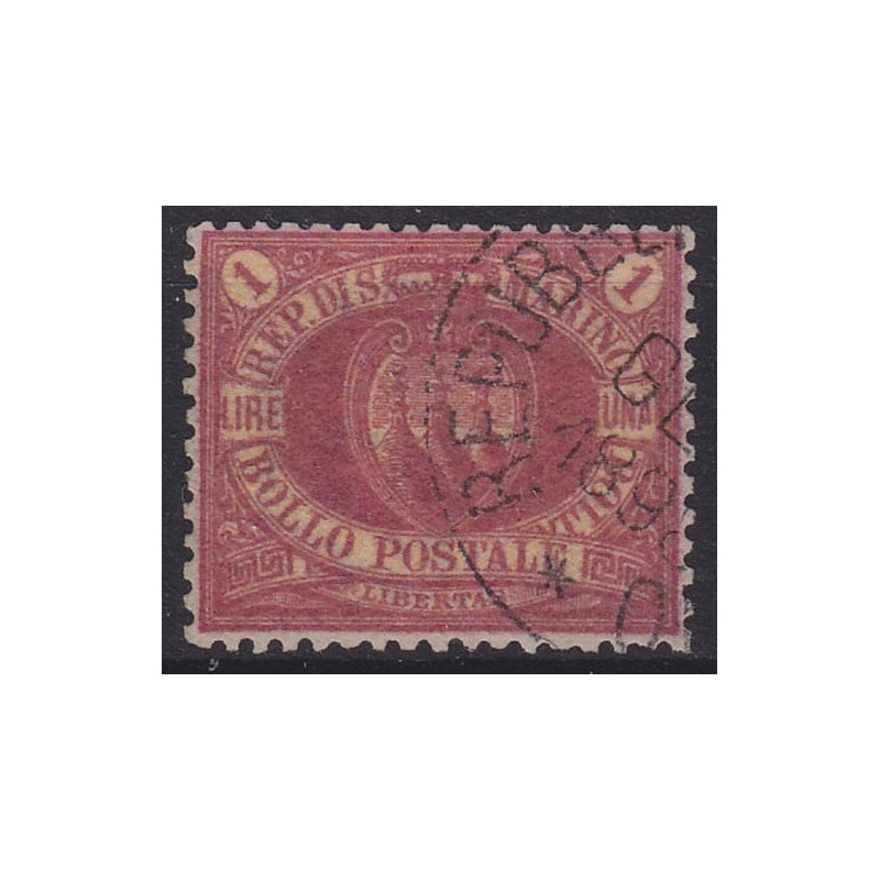 1892-94 1 L. ROSSA CARMINIO SU GIALLO n.20 OTTIMA CENTR. CERT. G. B...