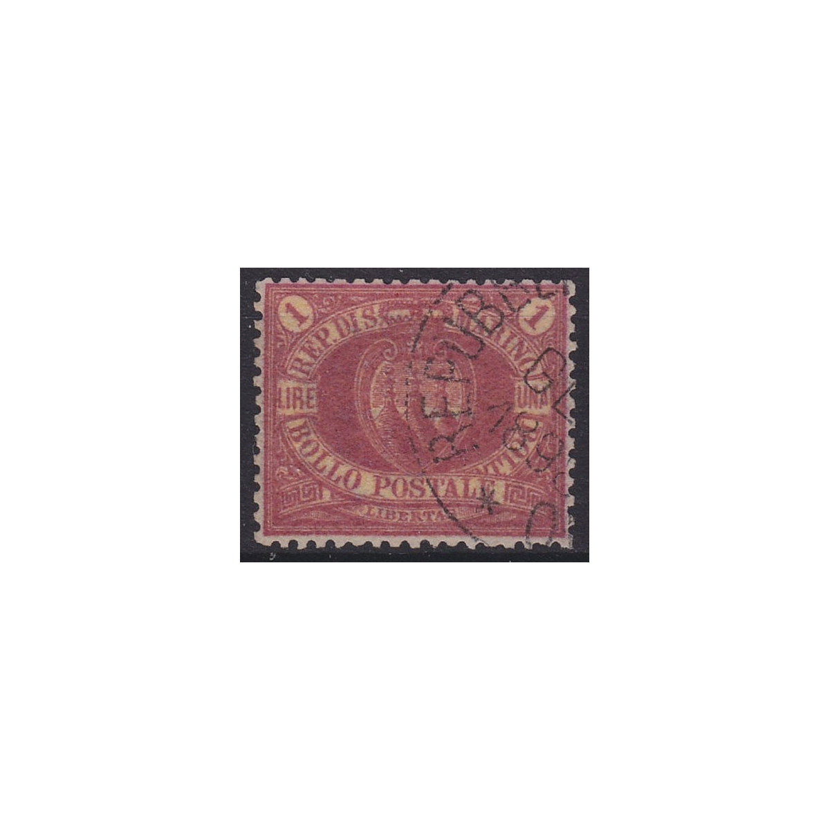 1892-94 1 L. ROSSA CARMINIO SU GIALLO n.20 OTTIMA CENTR. CERT. G. B... 1892-94 1 L. ROSSA CARMINIO SU GIALLO n.20 OTTIMA CENTR. CERT. G. B...
