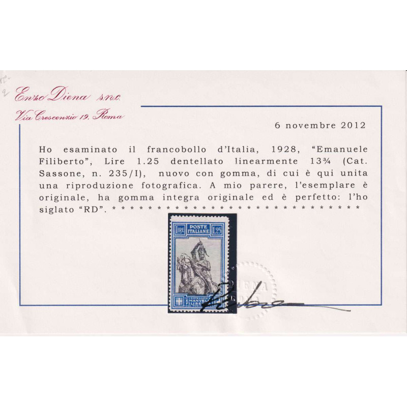 REGNO D'ITALIA 1928 FILIBERTO 1,25 L. DENT. LINEARE G.I MNH** CERT....
