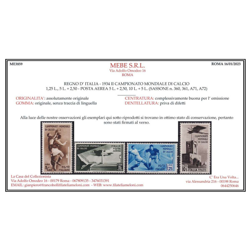 REGNO D' ITALIA 1934 CAMPIONATI MONDIALI DI CALCIO 9 V. G.I MNH** C...
