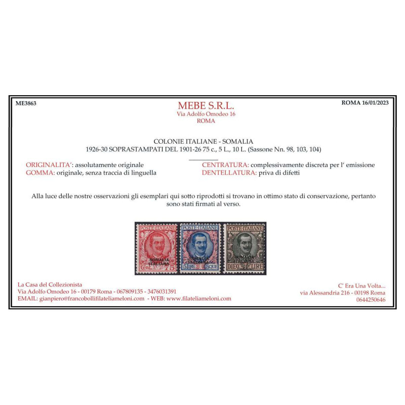 COLONIE SOMALIA 1926-30 FRANCOBOLLI D'ITALIA 14 V. G.I MNH** CERT. ...