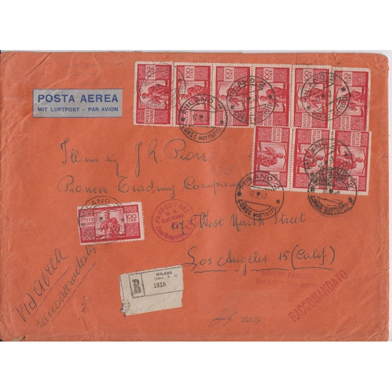 1945-48 REPUBBLICA RARA RACCOMANDATA 14 ESEMPLARI 100 L. + 20 L. DE...