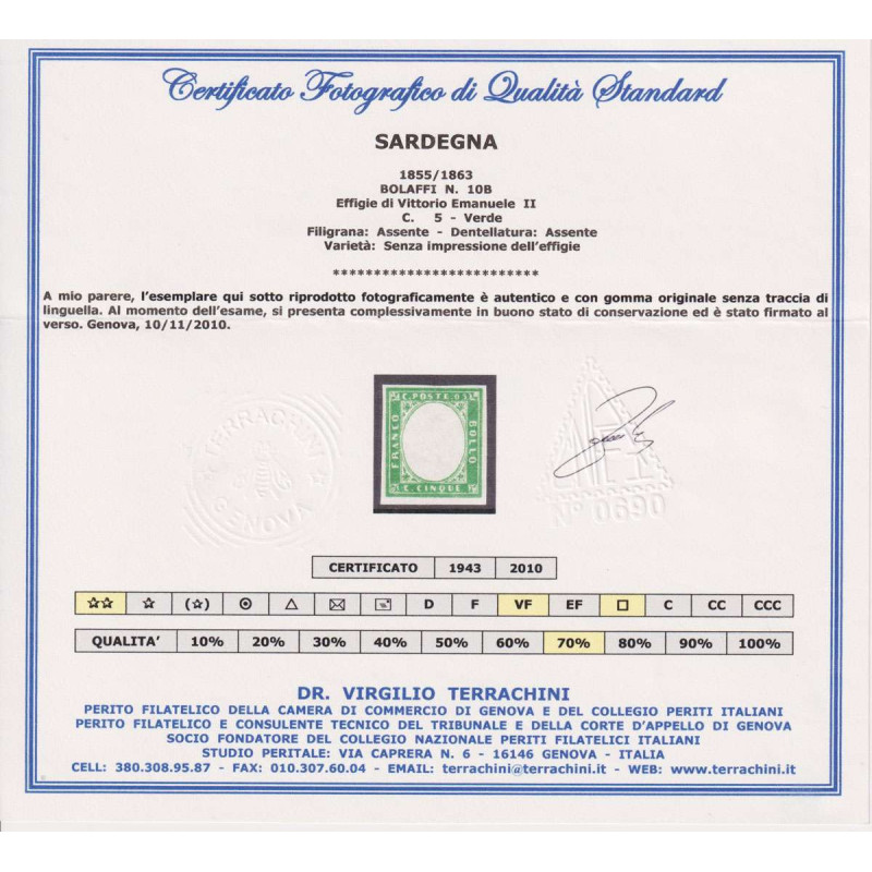 SARDEGNA 1855/63 5 C. VARIETA' SENZA EFFIGIE G.I MNH** CERT.  | Fil...