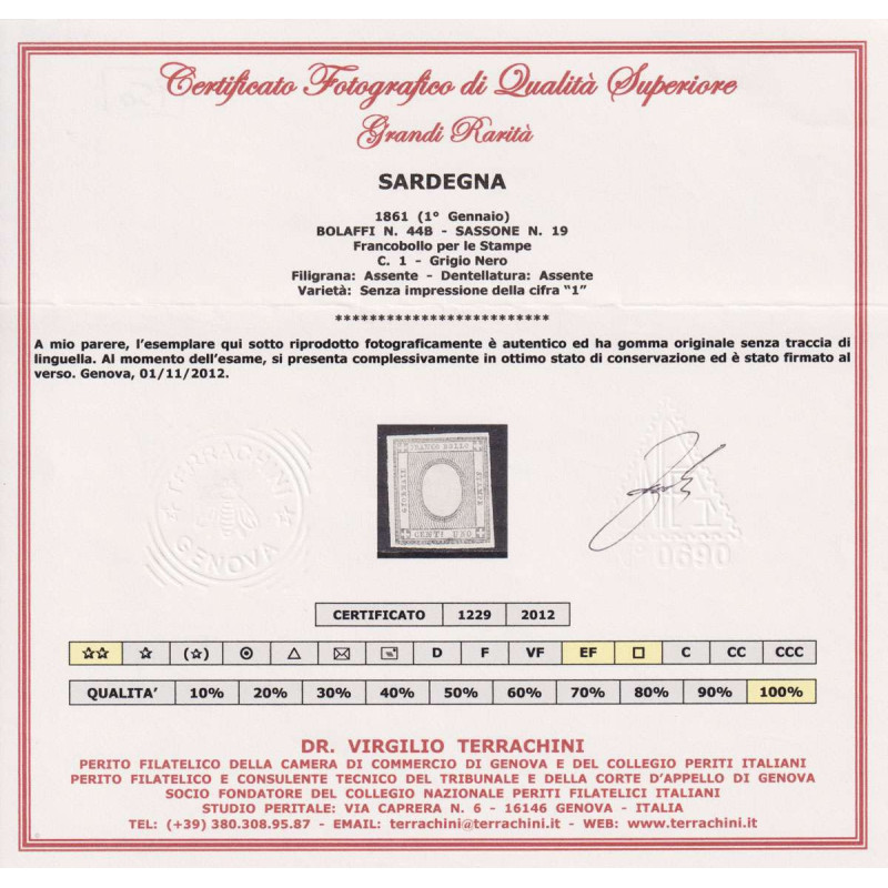 SARDEGNA 1861 PER LE STAMPE 1 CENT. SENZA CIFRA N.19h G.I MNH** CER...