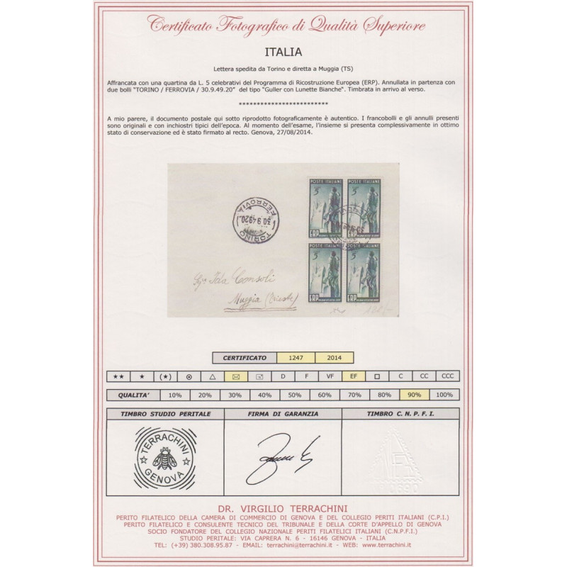 INTERESSANTE LETTERA AFFRANCATA CON UNA QUARTINA DI 5 LIRE ERP  | F...