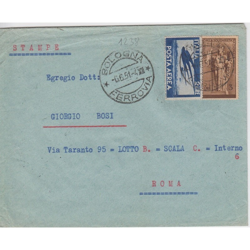 1949 P/A DEMOCRATICA 2L. + ERINNOFILO SU INTERESSANTE BUSTA CON ANN...