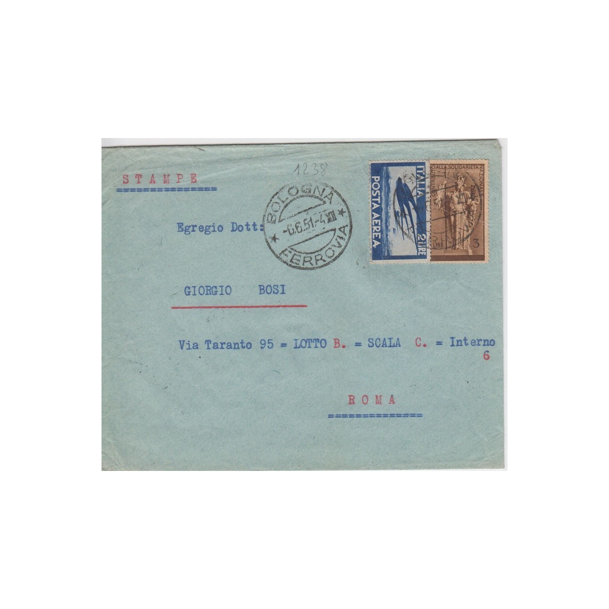 1949 P/A DEMOCRATICA 2L. + ERINNOFILO SU INTERESSANTE BUSTA CON ANN... 1949 P/A DEMOCRATICA 2L. + ERINNOFILO SU INTERESSANTE BUSTA CON ANN...