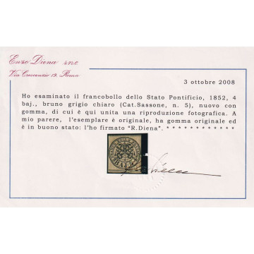 STATO PONTIFICIO 1852 4 BAJ. BRUNO GRIGIO CHIARO N.5 G.O MH* CERT. ...