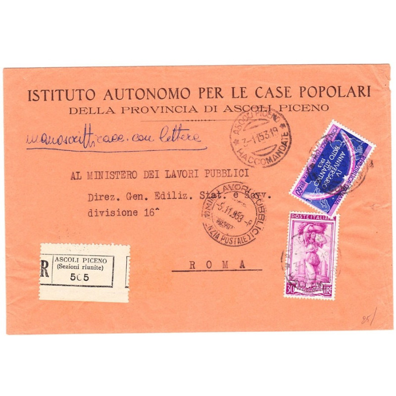 1953 60 L. PATTO ATLANTICO + LAVORO 30 L. SU BUSTA TIMBRO ARRIVO US...