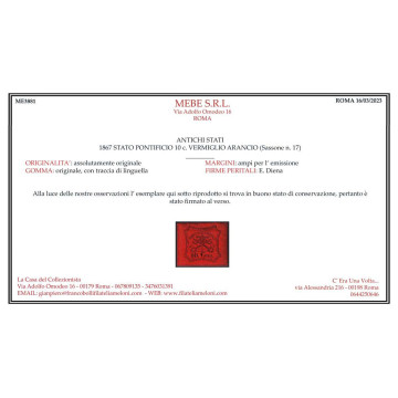 STATO PONTIFICIO 1867 10 CENTESIMI VERMIGLIO N.17 G.O MH* CERT.  | ...