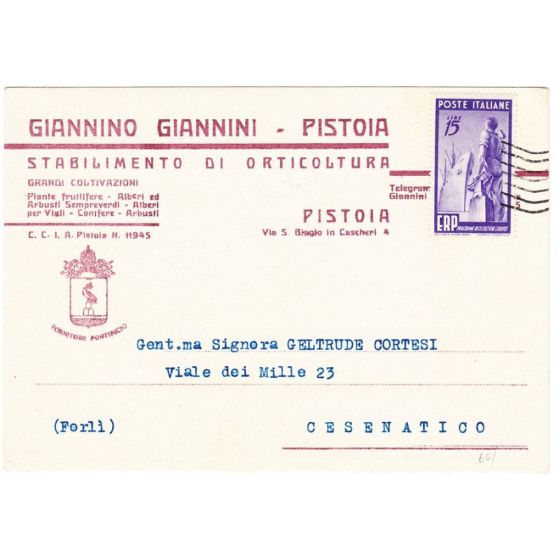 1949 E.R.P. 15 L. VIOLETTO n.602 SU DOCUMENTO POSTALE US.  | Filate...