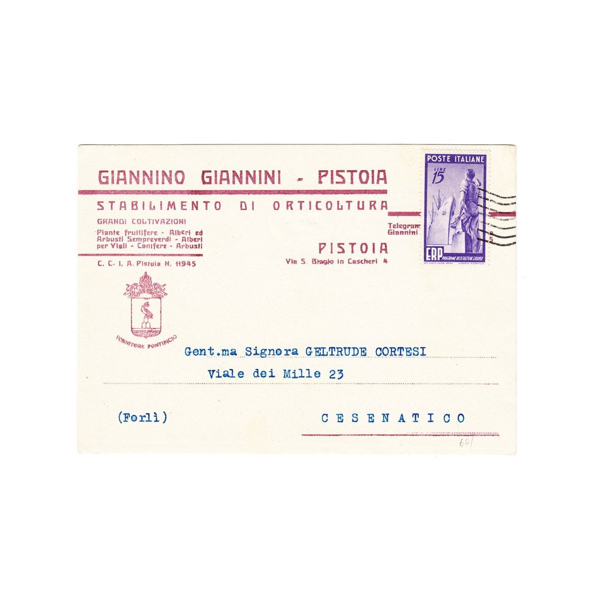 1949 E.R.P. 15 L. VIOLETTO n.602 SU DOCUMENTO POSTALE US. | Filate... 1949 E.R.P. 15 L. VIOLETTO n.602 SU DOCUMENTO POSTALE US. | Filate...