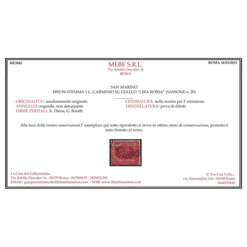 SAN MARINO 1892-94 STEMMA 1 LIRA ROSSA N.20 USATO CERT.  | Filateli...