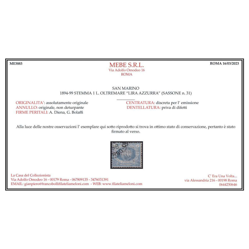 SAN MARINO 1894-99 1 LIRA AZZURRA N.31 USATA CERT.  | Filatelia Meloni