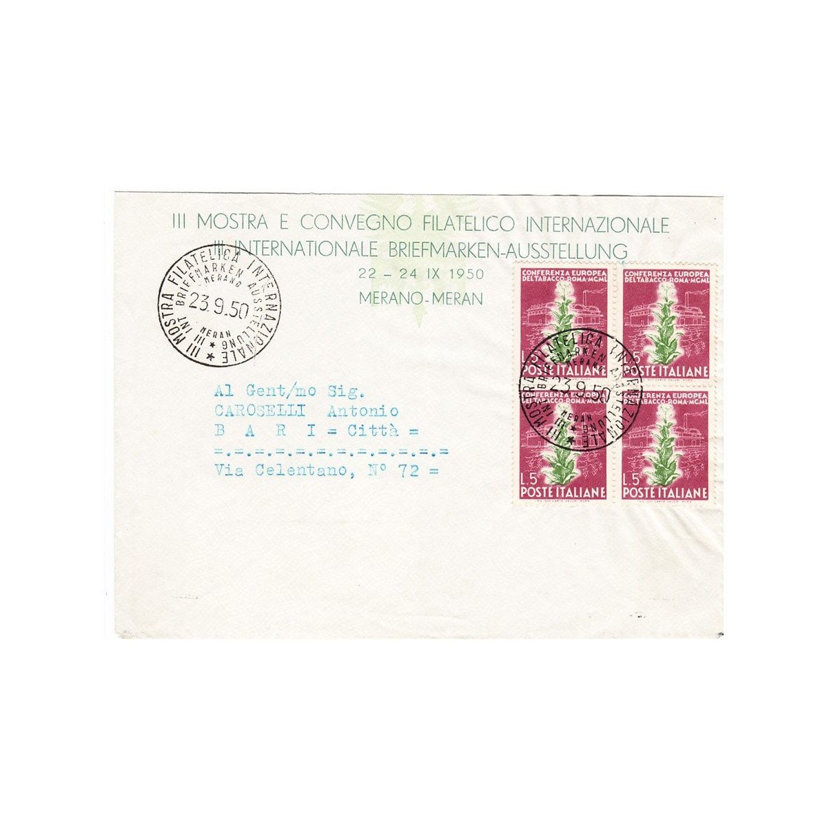 1950 TABACCO 5 L. AMARANTO E VERDE n.629 IN QUARTINA SU BUSTA US. ... 1950 TABACCO 5 L. AMARANTO E VERDE n.629 IN QUARTINA SU BUSTA US. ...