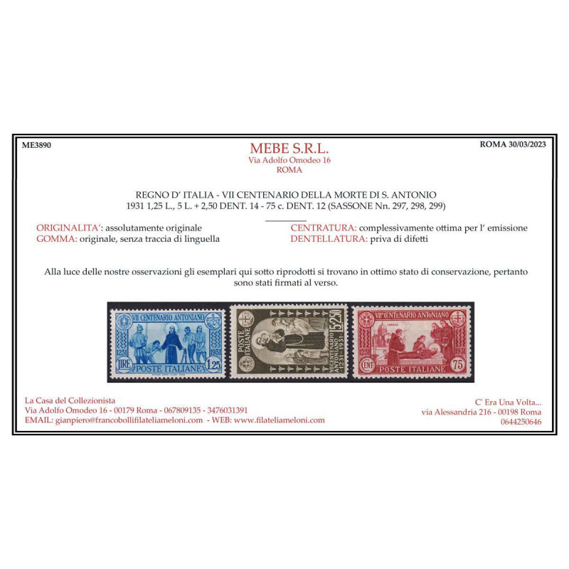 REGNO D' ITALIA 1931 MORTE S. ANTONIO 8 VALORI G.I MNH** BEN CENTRA...