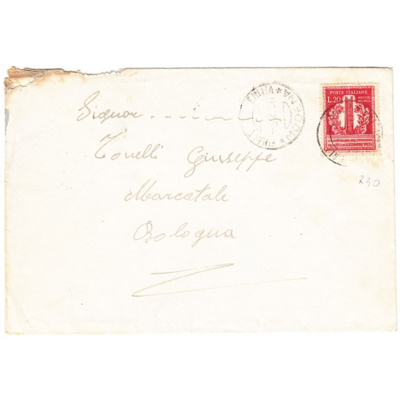 1949 ANN. INVENZIONE PILA ELETTRICA 20 L. n.611 SU BUSTA TIMBRO ARR...