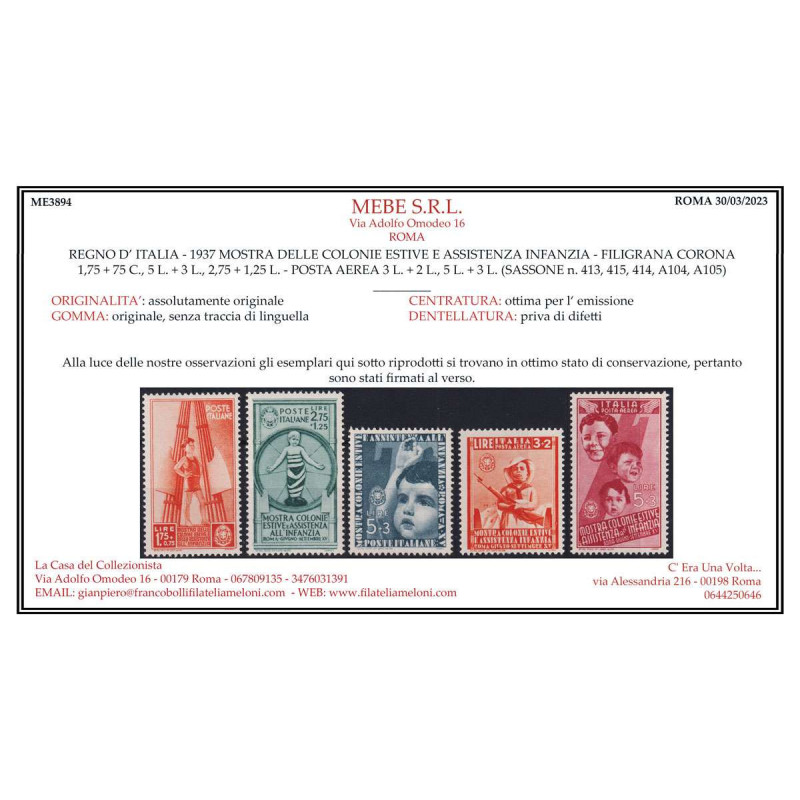 REGNO D' ITALIA 1937 COLONIE ESTIVE E INFANZIA 16 V. G.I MNH** CERT...