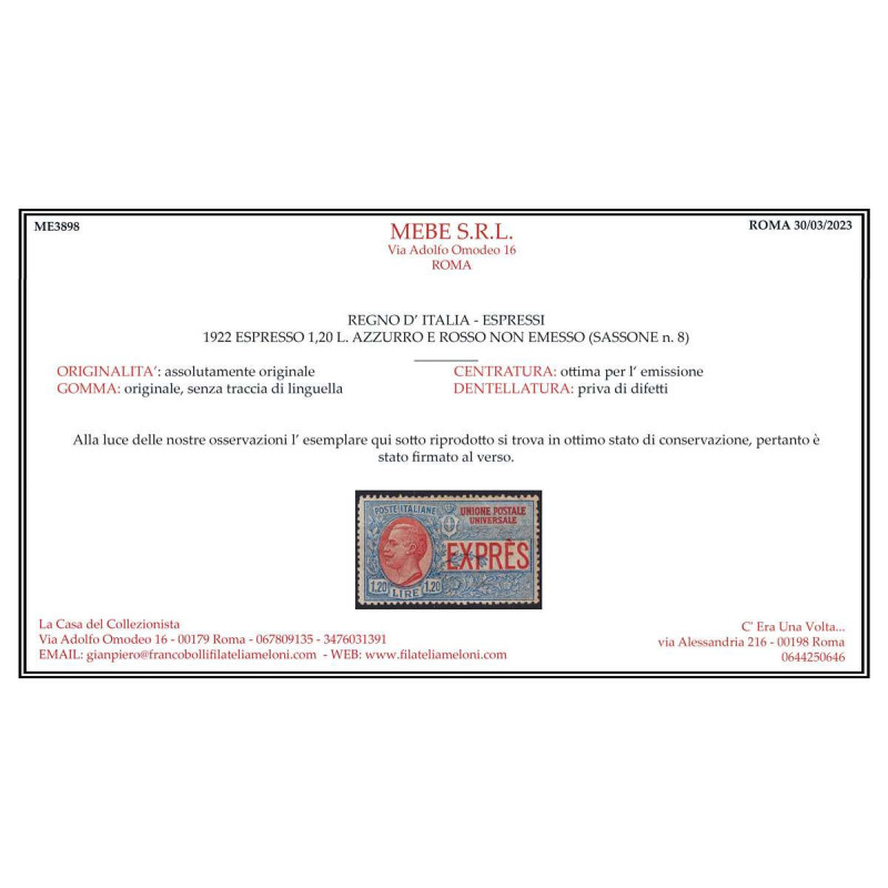 REGNO D' ITALIA LOTTO ESPRESSI COMPLETO 16 V. G.I MNH** CERT.  | Fi...