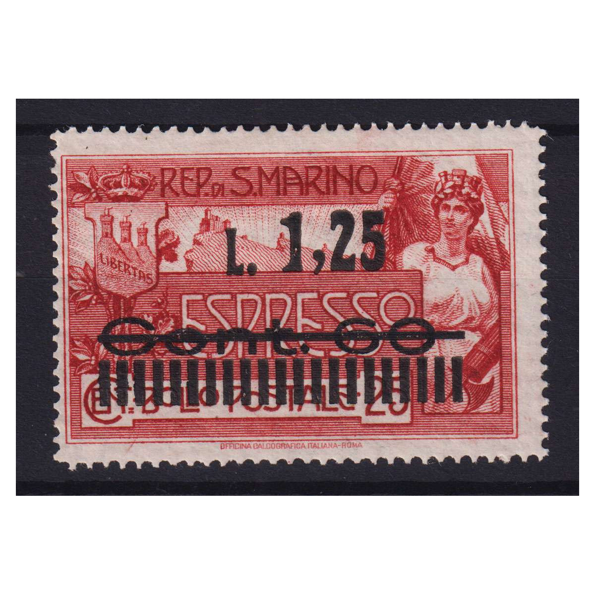 SAN MARINO 1927 ESPRESSO 1,25 LIRE SU 60 CENT. SU 25 C. N.6 G.O MH*... SAN MARINO 1927 ESPRESSO 1,25 LIRE SU 60 CENT. SU 25 C. N.6 G.O MH*...