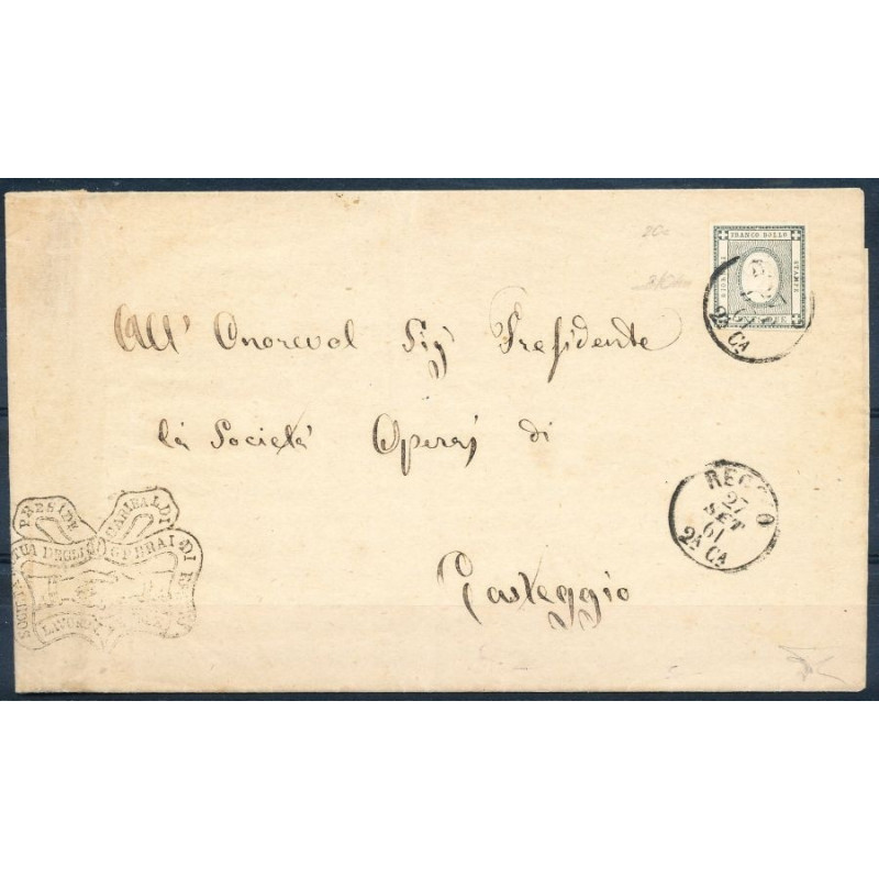 1861 SARDEGNA 2 c. NERO VERDASTRO n.20c BEN MARGINATO SU BUSTA FIRM...