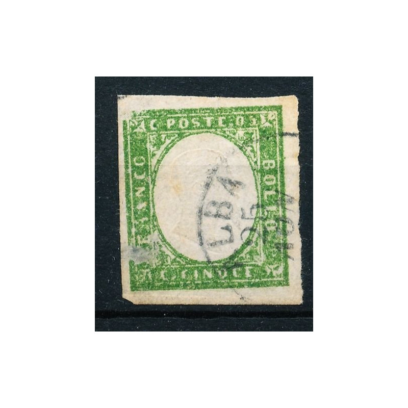 1859 SARDEGNA 5 c. VERDE OLIVA GRIGIASTRO n.13Cb DIFETTOSO US.  | F...