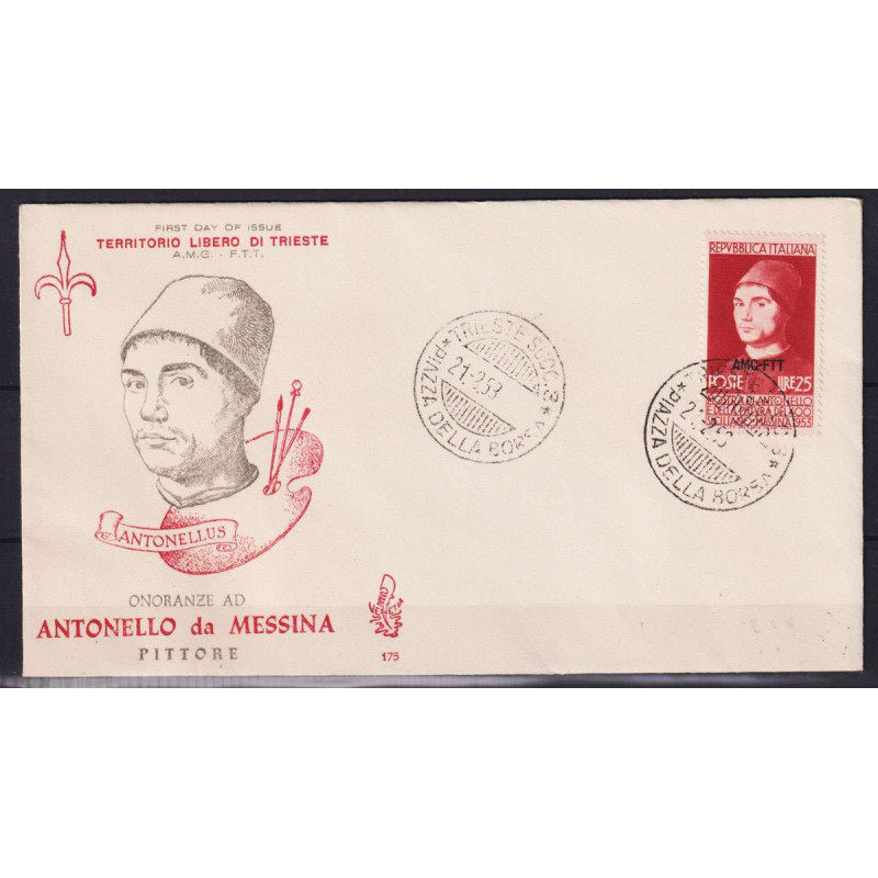 TRIESTE ZONA A 1953 ANTONELLO DA MESSINA USATO SU BUSTA FDC VENEZIA...
